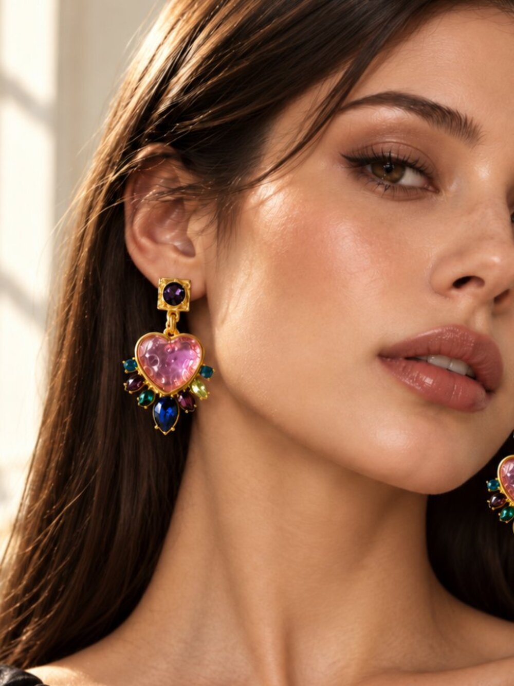 Pink Heart Multicolor Crystal Earrings Gold Tone Statement Drop Earrings
